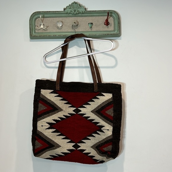Vintage Navajo blanket bag oversize shoulder tote brown red bone 21”w  18” h - Picture 6 of 11